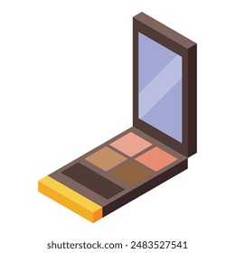 Paleta de sombra de ojos con espejo está de pie abierto mostrando producto cosmético para aplicar maquillaje