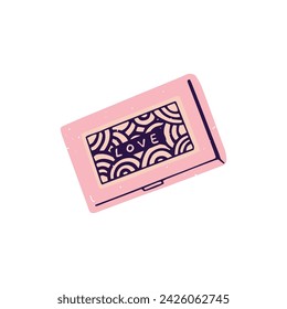 Eyeshadow palette in patterned packaging. Closed eye shadow case. Blush box, compact. Decorative cosmetics for make up. Organic makeup product. Flat isolated vector illustration on white background