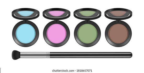 Eyeshadow palette. Realistic decorative cosmetics and brush, isolated eye shadows vector set