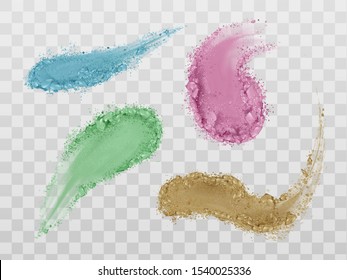 Eyeshadow smears, crushed dry powder blush palette brush strokes set. Beauty make up cosmetics texture swatch, smudge trace samples isolated on transparent background. Realistic 3d vector illustration