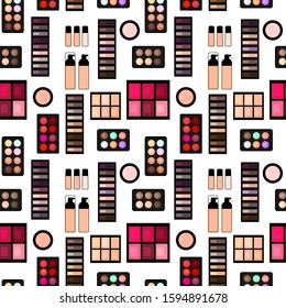 Eyeshadows, palates, creams and powder , cosmetics seamless pattern.