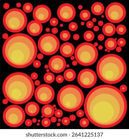 eye-shaped circles in red, orange, yellow, white on a black background