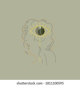 Eye-shaped mirror. Girl with a mirror in her hands. Beauty salon. Linear illustration. Hairstyle with large curls.