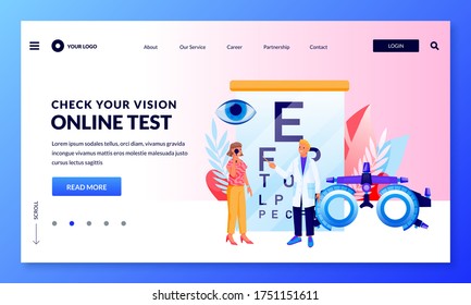 Eyesight check and eye care concept. Doctor and patient do vision test. Consultation of professional optometrist or ophthalmologist in medical clinic. Vector flat cartoon characters illustration