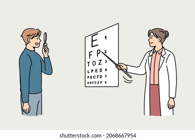 Eyesight check and healthcare concept. Young woman doctor in uniform standing showing letters to man patient examining his vision vector illustration 