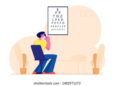 Eyesight Check Up Procedure in Clinic. Man Looking at Test Chart for Vision Checkup. Patient in Oculist Office Professional Optician Exam for Eye Sight Treatment. Cartoon Flat Vector Illustration