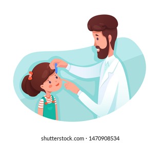 Eyesight checkup flat vector illustration. Little patient and doctor, pediatrician cartoon characters. Oculist appointment, ophthalmologist profession. Pediatric clinic, children hospital visit