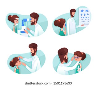 Eyesight diagnostics flat illustrations set. Optometrist checking kid eye sight with test chart. Girl cartoon character at ophthalmology hospital isolated cliparts pack. Optometry clinic visiting