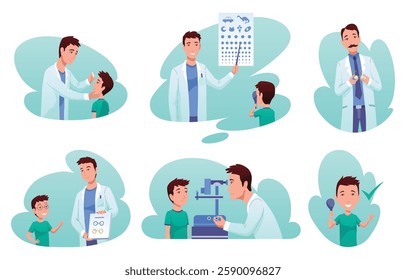 Eyesight diagnostics icon set. Optometrist checking kid eyesight with spectacles medical equipment. Ophthalmologist doctor examining eyesight vision of patient. Ophthalmology clinic