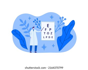 Eyesight examination. Vision test. Eye healthcare. Man oculist character. Ophthalmology concept. Eye check up. Flat illustration.