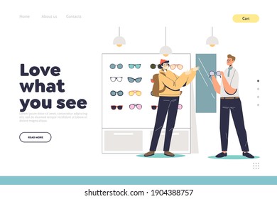 Eyesight and glasses concept of landing page with hipster man in optics store buy fashionable eyeglasses with male shop assistant help. Cartoon guy choosing glasses. Flat vector illustration