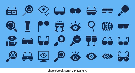 eyesight icon set. 32 filled eyesight icons. Included 3d glasses, Magnifying glass, Eye, Loupe, Zoom out, Glass, Sunglasses, Glasses, View, Sun glasses, Zoom, Zoom in, Lens icons