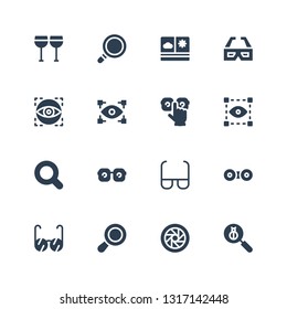 eyesight icon set. Collection of 16 filled eyesight icons included Len, Lens, Loupe, Glasses, Contact lens, Eye glasses, Magnifying glass, Visual, View, 3d glasses