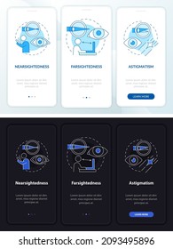 Eyesight operation white, black onboarding mobile app page screen. Surgery walkthrough 3 steps graphic instructions with concepts. UI, UX, GUI vector template with linear night, day mode illustrations