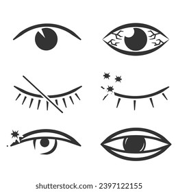 Símbolo de visión. Colección simple de ojos. Imágenes de ojos abiertos y cerrados, formas oculares durmientes con pestañas, supervisión vectorial y signos de búsqueda. Icono de Mirar y Visión. Conjunto de iconos de visualización y de vector visual lineal