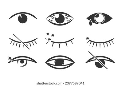 Símbolo de visión. Colección simple de ojos. Imágenes de ojos abiertos y cerrados, formas oculares durmientes con pestañas, supervisión vectorial y signos de búsqueda. Icono de Mirar y Visión. Conjunto de iconos de visualización y de vector visual lineal