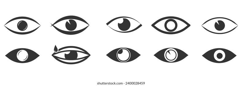 Símbolo de visión. Colección simple de ojos. Imágenes de ojos abiertos y cerrados, formas oculares durmientes con pestañas, supervisión vectorial y signos de búsqueda. Icono de Mirar y Visión. Conjunto de iconos de visualización y de vector visual lineal