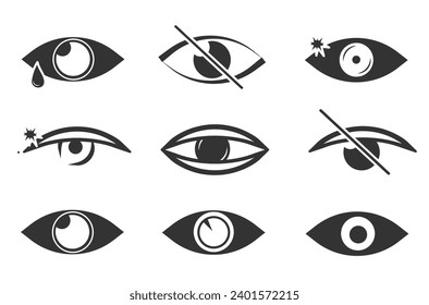 Símbolo de visión. Colección simple de ojos. Imágenes de ojos abiertos y cerrados, formas oculares durmientes con pestañas, supervisión vectorial y signos de búsqueda. Icono de Mirar y Visión. Conjunto de iconos de visualización y de vector visual lineal