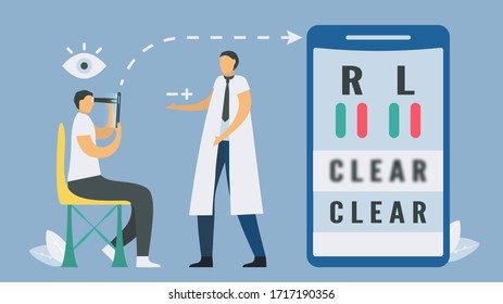 Eyesight testing with smartphone. New technology for vision checking. Health appilaction innovation. Vector elements isolated on blue background.