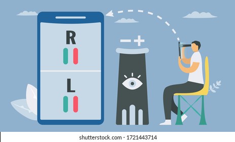 Eyesight testing with smartphone. New technology for vision checking. Health appilaction innovation. Vector elements isolated on blue background.