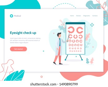 Eyesigth check up. Doctor standing near eye test chart. Ophthalmology concept. Web banner design template. Flat vector illustration.
