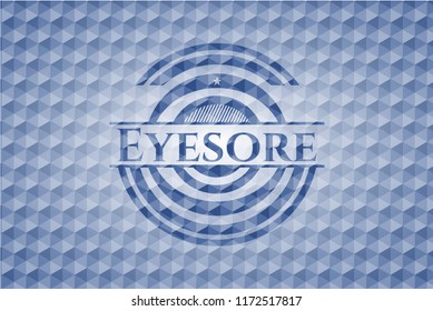 Eyesore blue emblem with geometric pattern background.