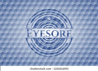 Eyesore blue emblem with geometric pattern background.