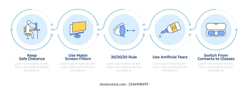 Infografía de prevención de la fatiga ocular 5 pasos. Lágrimas artificiales, atención médica. Tratamiento de la vista. Diagrama de flujo infográfico. Iconos de gráficos de información de Vector editables