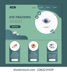 Eye-tracking flat landing page website template. Sensory marketing, product placement, design optimising. Web banner with header, content and footer. Vector illustration.