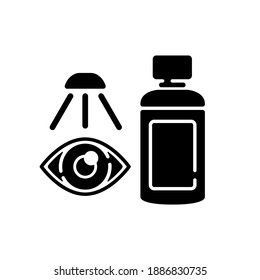 Eyewash black glyph icon. Medicinal eye shower. First aid wash. Cleaning rinse. First aid drops. Emergency cleanser for chemical burn. Silhouette symbol on white space. Vector isolated illustration