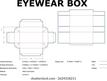 Eyewear box die cut template packaging design with dimensions ready for print in white cardboard