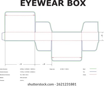 Eyewear box packaging design template vector outline for cardboard manufacturing with die cut and dimensions information