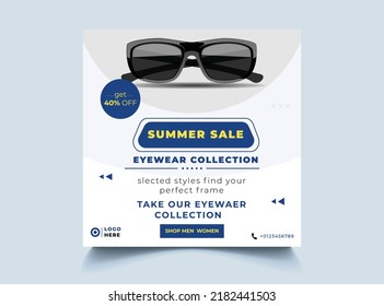 Eyewear Fashion Social Media Post Banner Template. Sunglasses shop sale banner for summer.