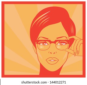 Eyewear glasses woman closeup portrait. Woman wearing glasses holding frame in close-up. Beautiful young mixed race Caucasian / Asian Chinese female on  background.