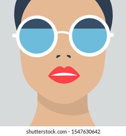 Eyewear glasses woman closeup portrait. Flat cartoon girl character, design background.