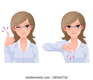 Eye-wear glasses woman posing thumbs-up and down.File contains Gradients,Clipping mask, Blending tool.