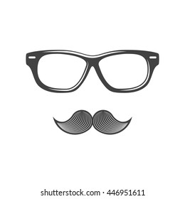 Eyewear and moustache. Black icon, logo element, flat vector illustration isolated on white background.