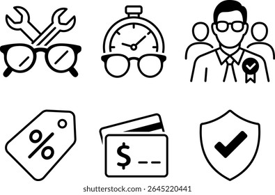 Eyewear service and business icons set, glasses repair, fast delivery, certified professional, discount tag, payment card, secure transaction symbol, line art vector