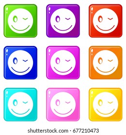 Eyewink emoticons of 9 color set isolated vector illustration