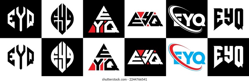 EYQ letter logo design in six style. EYQ polygon, circle, triangle, hexagon, flat and simple style with black and white color variation letter logo set in one artboard. EYQ minimalist and classic logo