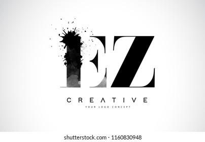 EZ E Z Letter Logo Design with Black Ink Watercolor Splash Spill Vector Illustration.