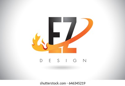 EZ E Z Letter Logo Design with Fire Flames and Orange Swoosh Vector Illustration.