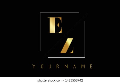 EZ Golden Letter Logo with Cutted and Intersected Design and Square Frame Vector Illustration