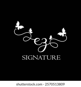 EZ Handwritten initial letter, EZ simple signature vector logo with butterfly shape variation, beauty, photography letter logo design. E Z