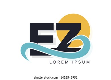 EZ letter logo with ocean waves and sunset. Beach concept design