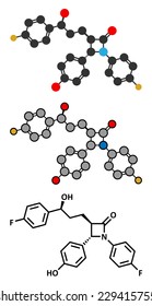 Ezetimibe cholesterol-lowering drug molecule. Conventional skeletal formula and stylized representations. 