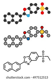 Ezutromid Duchene muscular dystrophy drug molecule. Stylized 2D renderings and conventional skeletal formula. Activator of utrophin.