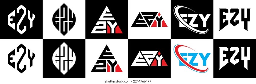 EZY Brief Logo Design in sechs Stilrichtungen. EZY Polygon, Kreis, Dreieck, Sechseck, flacher und einfacher Stil mit schwarz-weißem Farbänderungslogo in einer Zeichenfläche. Das minimalistische und klassische Logo von EZY