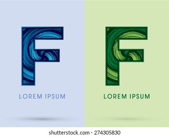 F ,Abstract , font, concept Spin water, wind and natural, designed using blue and green grunge brush,sign.