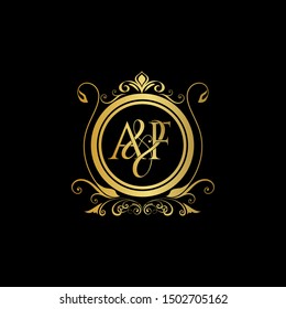 A & F AF logo initial Luxury ornament emblem. Initial luxury art vector mark logo, gold color on black background.
